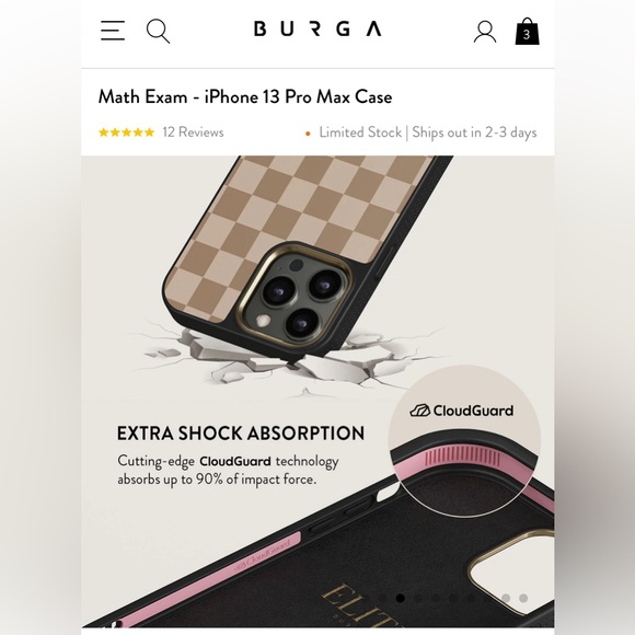 Burga iPhone 13 Pro Max Case (Elite Gold) & Ring Holder -checkered cream pattern - Picture 8 of 12